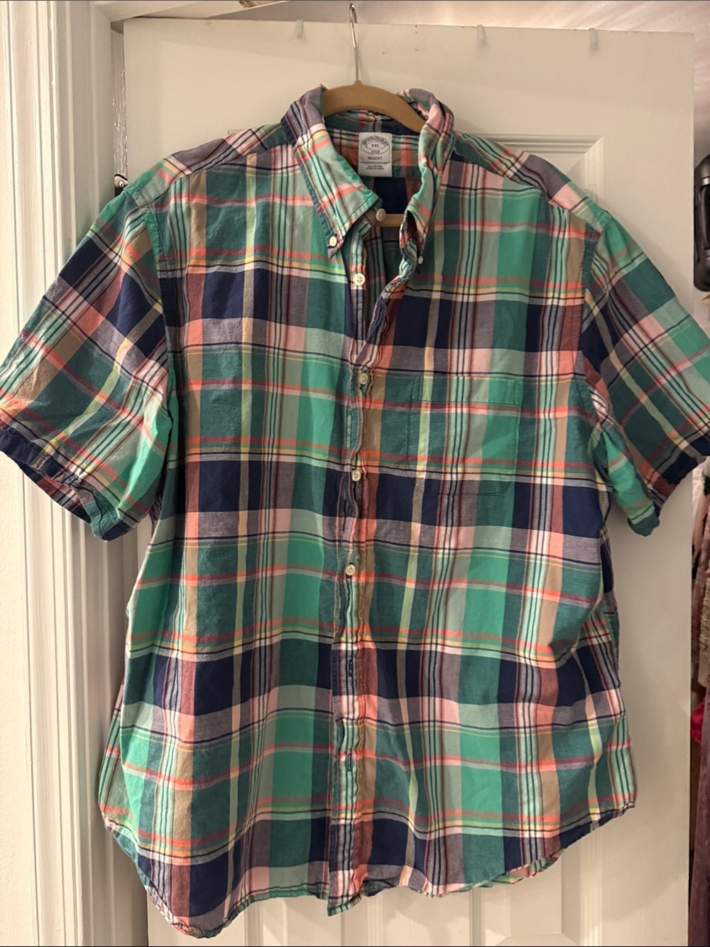 Brooks Brothers Short-Sleeve Plaid Button-Down Shirt in Green, Navy, and Pink